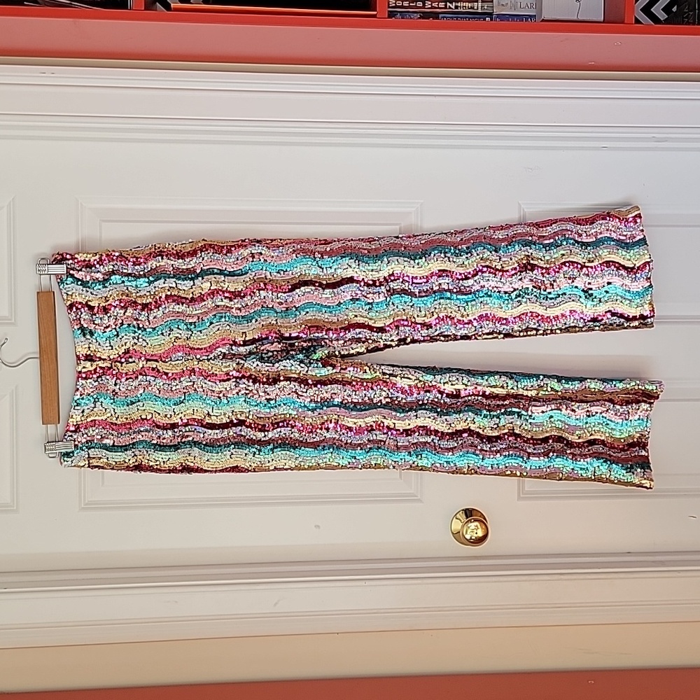 Free People Dance Again Disco Rainbow Sequins Pants size 6